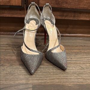Christian Louboutin Silver Glitter Pointed Ankle-Strap Pumps
